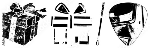 Grunge styled vector featuring a wrapped present, stylized Chinese character, and guitar pick, all in high contrast black and white with distressed texture.