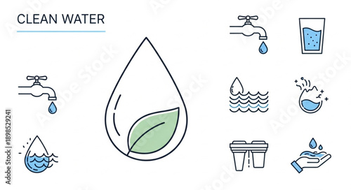 Clean Water Icons Set With Leaf Symbol.