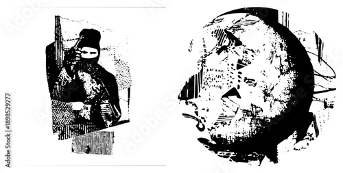 Graphic vector illustration of masked figure holding weapon, halftone texture, abstract face, noir style, high contrast stencil art, isolated foreground elements.