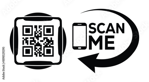 Black and white QR code with bold "SCAN ME" text, smartphone icon, and curved arrow—ideal for mobile interaction, digital marketing, and tech-themed promotional materials.