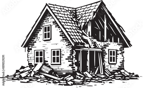 Abandoned Damaged House Ruins Black and White Engraved Vector Illustration of Broken Rural Home