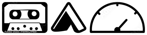 Retro cassette, outdoor tent symbol, analog speedometer gauge minimalist vector for tech, travel, and nostalgia themes.