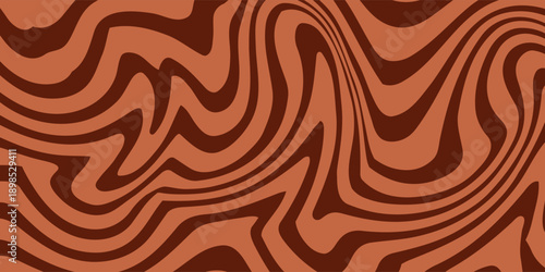 Retro coffee color background. Milk chocolate liquid dessert texture. Wavy swirl candy pattern for poster, cover, banner, pamphlet. Vintage brown trippy hippie wallpaper in 60s or 70s style. Vector