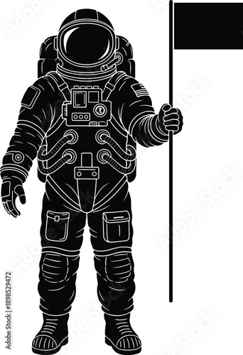Astronaut silhouette illustration with flag, space exploration and achievement concept, black and white design, cosmic discovery symbol