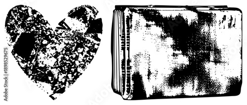 Distressed heart shape and aged book rendered in halftone, vector art, graphic design,, textured, vintage aesthetic, symbolic.