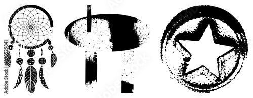 Three stylized symbols dreamcatcher with feathers, drum with brushstroke texture, star in circle. Black and white vector art with distressed effect. Used for spiritual, music, or themes.