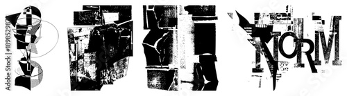 Abstract design with fragmented shapes, halftone, bold text perfect for graphic, branding, or digital art. Synonyms graphic collage, typographic abstraction, textured vector art.