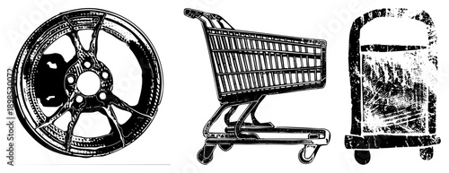 Black and white vector illustration of car wheel, shopping cart, and dolly with distressed texture, retro aesthetic, isolated for design use.