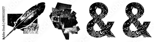 Classic writing instrument with feathered tip, aged newspaper fragments, stylized ampersands, halftone grain, vector art, design elements.