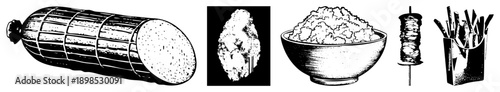 Halftone rendered food items including sausage, brain, rice bowl, kebab, and french fries, isolated vector graphic,, stylized food.