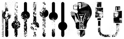 Distressed black vector of knobs, vintage lightbulb, and USB, gritty texture, digital interface elements, tech symbols.