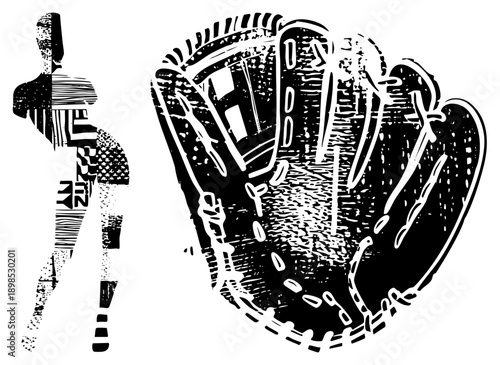 Stylized baseball player in batting stance, catcher’s mitt with lacing, vintage halftone texture, sports graphic, black and white vector art.