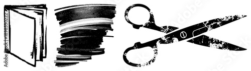 Graphic set of scissors with distressed texture, thread spool, and stacked book, rendered in halftone style, ideal for crafting or sewing themes.