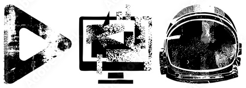 Distressed black and white play button, pause symbol, astronaut helmet. Vector halftone style with noise texture. Digital interface elements with gritty aesthetic.
