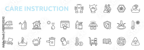 Care Instruction icon set outline style with handle with care, washing, ironing, bleaching, professional cleaning icons