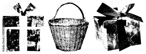 Handwoven basket with handle, gift box with bow, halftone texture, vector illustration, rustic design, gift, craft item.