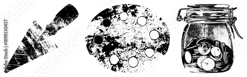 Artist’s palette with paint wells, paintbrush with worn bristles, glass jar filled with coins, hand drawn vector illustration, creative studio supplies.