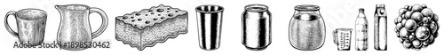 Set of vintage style drink vessels including mug, pitcher, sponge, tumbler, can, jar, measuring cup, bottle, and milk carton, rendered in detailed art with hatching textures.