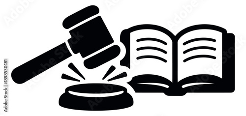 Simple graphic illustration of a gavel and open book depicting law and justice concepts for legal and educational design