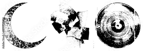 Graphic design elements featuring halftone textures, moon shape, shattered geometric fragments, and concentric circular, ideal for modern art or digital backgrounds.