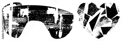 Stylized vector art featuring fragmented geometric forms with distressed texture, design, modern abstract composition, graphic illustration.