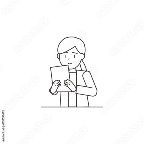 書類を見て悩む女性の線画イラスト　確認や手続きで困るビジネスシーン