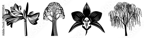 Stylized and tree silhouettes in, including lily, tree with layered canopy, orchid, and weeping willow, rendered as vector art with bold and negative space.