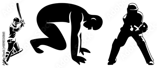 Black vector of baseball players, batter swinging, catcher crouching, fielder ready, minimalist sports, athletic poses, game action.