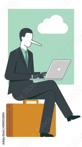 Businessman with a long nose working on a laptop, depicting dishonesty