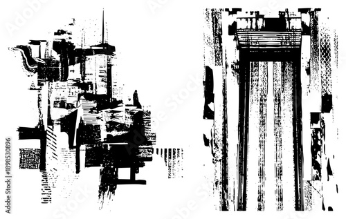 Stylized cityscape with fragmented skyscrapers and vertical structures, halftone texture, graphic design, urban decay motif, black and white vector illustration.