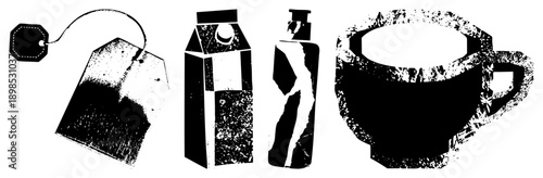 Grungy halftone vector of tea bag, milk carton, soda bottle, and coffee cup, isolated graphic elements, beverage container symbols, distressed texture design.