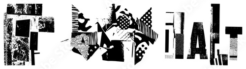 Stylized lettering composed of fragmented shapes, halftone, and textured blocks, graphic design element, modern typographic art, black and white vector composition.