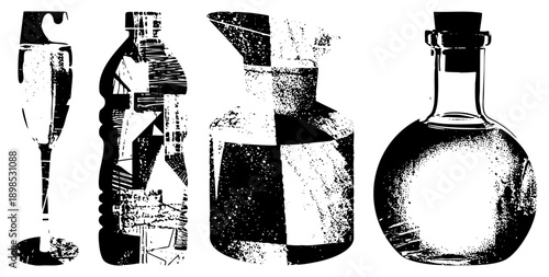 Artistic vector depiction of glassware with halftone shading, including champagne flute, bottle, carafe, and round bottle, rendered in high contrast black and white with textured.