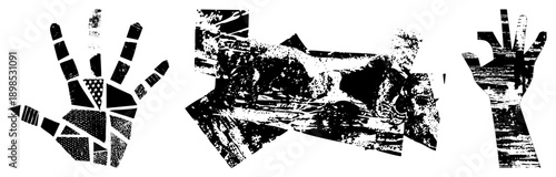 Stylized hands broken into geometric, halftone textures, graphic design elements, vector art, isolated cutout, artistic composition, modern illustration.
