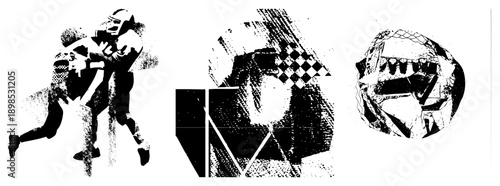 Silhouetted football athlete in action, halftone dot, stylized sports graphic, vector art, athletic movement, gridiron player, gridiron silhouette.