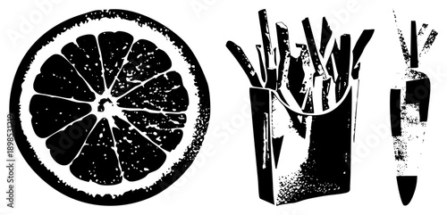 Black and white grunge style food citrus slice, fry container, carrot. Retro textured vector graphics for design, print, or web use.