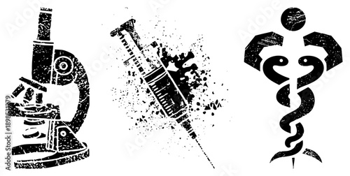Scientific and medical rendered in distressed black vector art microscope, syringe with splash, caduceus symbol. Used for healthcare, lab, or medical branding.