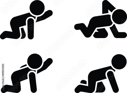 Baby crawling stages, infant development icons, child crawling silhouette, early movement milestones, toddler growth illustrations, black baby figures, progress concep
