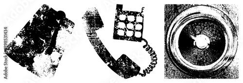 Classic telephone receiver, rotary dial, coiled cord, vintage communication device, analog phone, retro dialer, black and white halftone graphic.