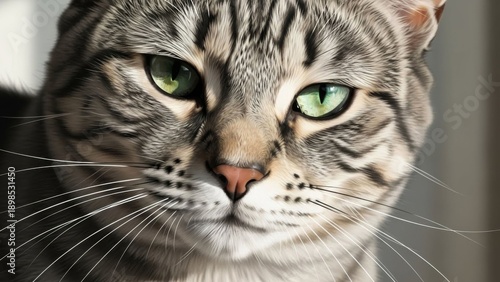 Close-up of a domestic short-haired tabby cat with striking green eyes, looking directly at the camera.