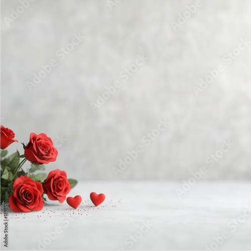 Bouquet of red roses with heart decorations on a light background.
