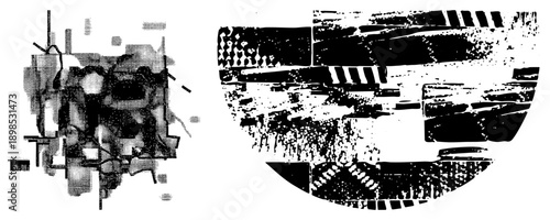 Fragmented abstract shapes with halftone textures, vector graphic composition, isolated geometric elements, stylized digital art, design.