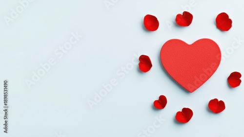 Red heart surrounded by rose petals on a light background.