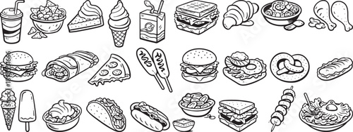 Hand Drawn Fast Food Icons Set, Burgers Pizza Desserts Snacks Drinks, Black Line Sketch Vector
