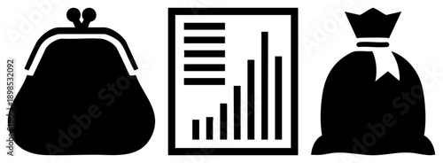 Wallet, bar chart, money bag financial symbols in minimalist black vector, representing budgeting, analytics, and savings, ideal for finance apps or dashboards.