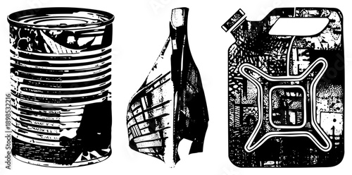 Vintage tin can, crumpled plastic bag, and textured jerry can rendered in stark halftone, vector style, isolated foreground elements.
