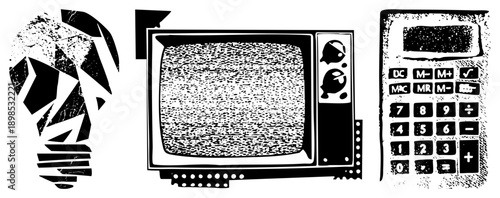 Classic tech symbols rendered in gritty halftone, including lightbulb, with static, and calculator, evoking 1980s design, ideal for retro UI or educational graphics.