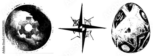 Three stylized symbols rendered in halftone dot texture gear within circle, compass rose, and ornate egg. Vector art with isolated foreground,, technical graphic design.