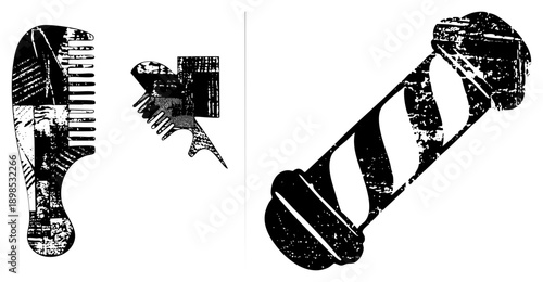 Retro barber shop accessories including comb, hairbrush, and barber pole, stylized with distressed texture, ideal for vintage grooming themes or barber shop branding.