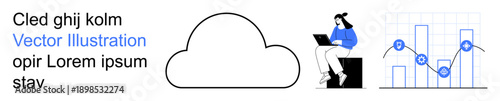 Data management, cloud computing, analytics, business trends, remote work, technology. Woman with a laptop, cloud graph. Data analytics and cloud computing concept